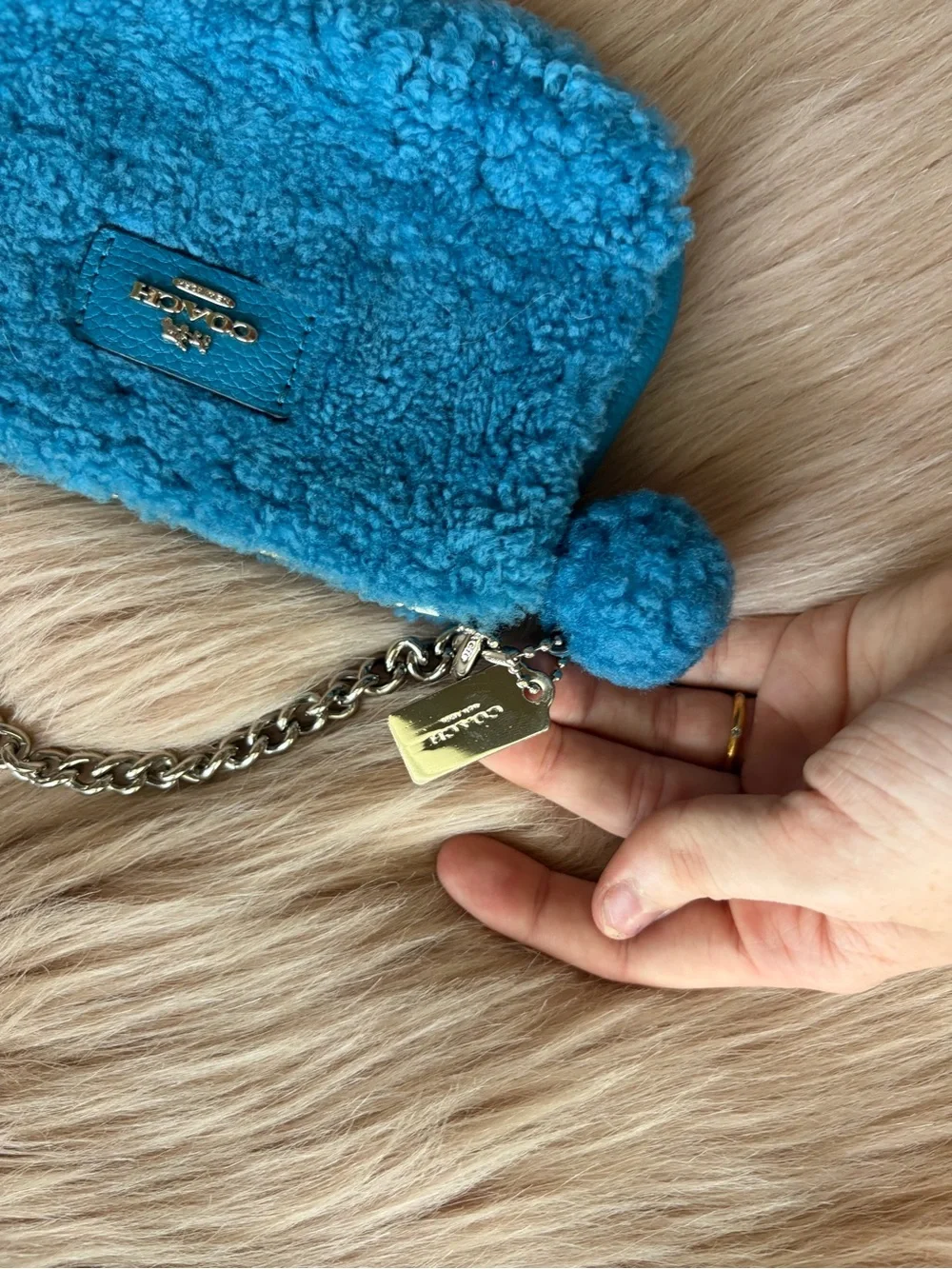 Coach Teal Blue Shearling Wristlet with Chain and Pom